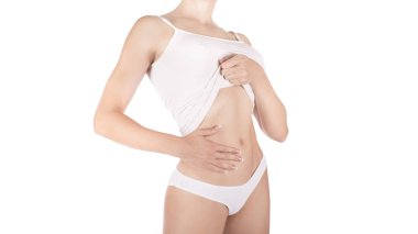 Kadın bedeni üzerinde beyaz izole üzerine beyaz iç çamaşırı. Yağ kaybetmek, liposuction ve selülit kaldırma kavramı