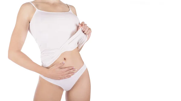 Corpo Feminino Lingerie Branca Sobre Ele Isolado Branco Perda Gordura — Fotografia de Stock