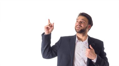 Boşaltmak sunan beyaz arka plan üzerinde izole iş adamı. Fikir