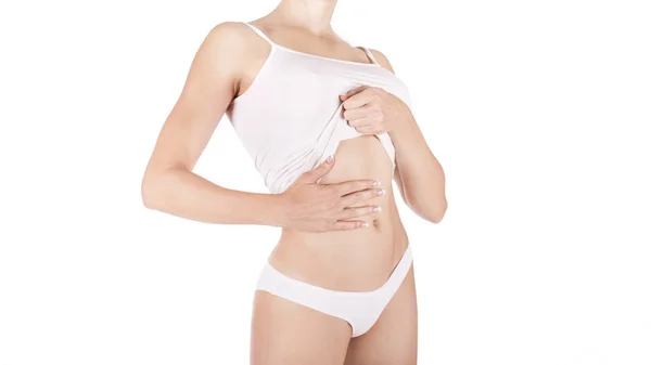 Corpo Feminino Lingerie Branca Sobre Ele Isolado Branco Perda Gordura — Fotografia de Stock
