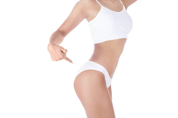 白い下着姿で美しい女性の身体 痩身と健康的なライフ スタイルのコンセプト — ストック写真