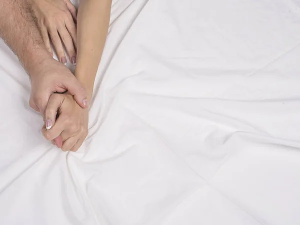 Close Couple Hands Lie Bed Bedroom Lovers Have Intense Sex — Stock Photo, Image