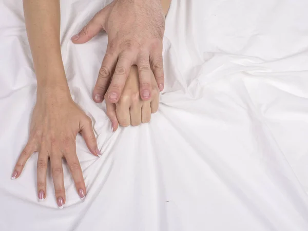 Close Couple Hands Lie Bed Bedroom Lovers Have Intense Sex — Stock Photo, Image