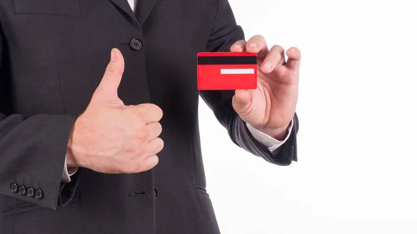 Geschnittenes Bild Eines Geschäftsmannes Anzug Mit Kreditkarte Der Hand Isoliert — Stockfoto