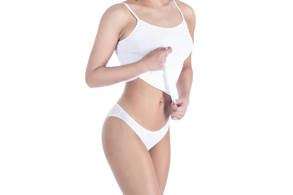 Szép karcsú test egy nő a fehérnemű a fehér háttér — Stock Fotó