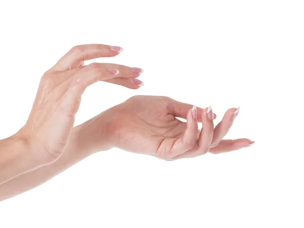 Beautiful young woman hands with cream, isolated on white — Stock Photo, Image