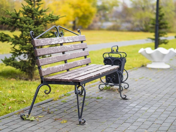 Деревянная скамейка в парке осенью — стоковое фото
