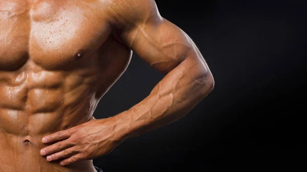 Stark atletisk Man muskulös kropp, torso sex-pack abs, perfekta manliga magmusklerna närbild. Sport, bodybuilding, crossfit koncept — Stockfoto