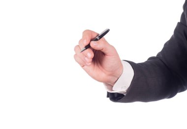 Kalem ve metin ve grafik eklemek için boş cam ekran üzerinde yazar tutarak siyah elbiseli Genç iş adamı. Strateji geliştirme ve beyaz arka plan üzerinde izole sosyal medya yazma işadamı.