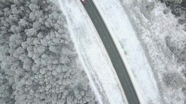 Vista aérea da floresta de inverno e estrada. Camião — Vídeo de Stock