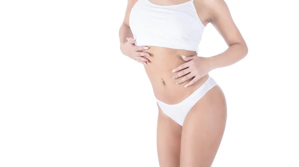 Weiblichen Körper Weißen Dessous Darauf Isoliert Auf Weiß Fettabbau Fettabsaugung — Stockfoto