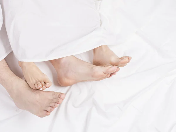 Feet of couple sleeping side by side in comfortable bed. Close up of feet in a bed under white blanket. Bare feet of a man and a woman peeking out from under the cove