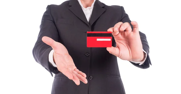 Man\'s hand showing business card - closeup shot on white background.