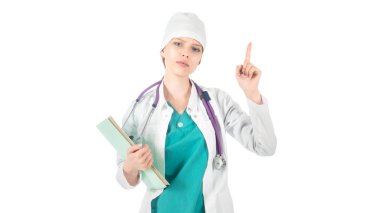 Kadın doktor parmak noktası ile. Beyaz izole.