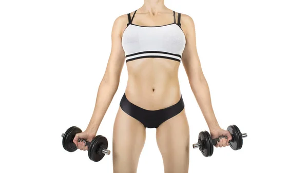 Mujer joven haciendo ejercicio con pesas aisladas sobre fondo blanco. Imagen recortada . — Foto de Stock