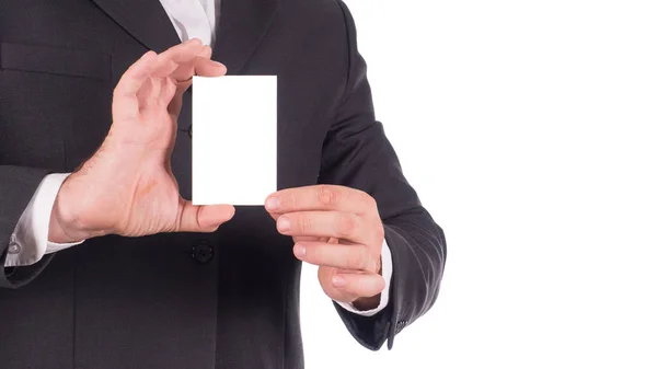 Homem com cartão de visita em fundo branco — Fotografia de Stock