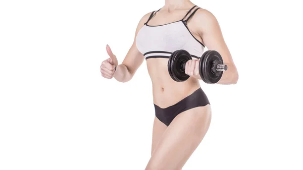 Chica fitness con mancuerna aislada sobre fondo blanco — Foto de Stock