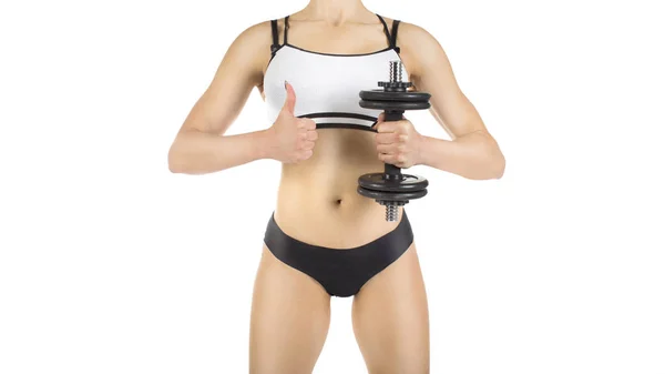 Concepto Fitness Mujer Con Mancuernas Aisladas Sobre Fondo Blanco Imagen — Foto de Stock
