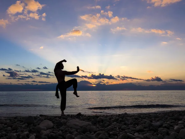 Silhueta de um homem pratica asa chun na praia — Fotografia de Stock