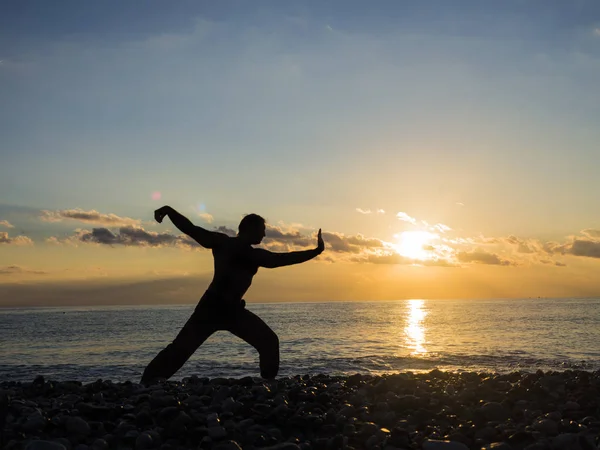 Artiste martial avec coucher de soleil orange. La silhouette d'un homme pratique le whushu. Mode de vie sain — Photo