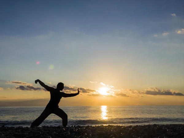 Artiste martial avec coucher de soleil orange. La silhouette d'un homme pratique le whushu. Mode de vie sain — Photo