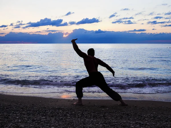 Homem a praticar Wushu ao pôr-do-sol. Silhueta de um homem ao pôr-do-sol . — Fotografia de Stock