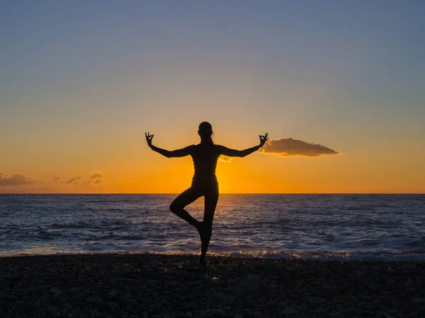 Fundo de estilo de vida saudável, silhueta de mulher brincando ioga na praia ao nascer do sol — Fotografia de Stock