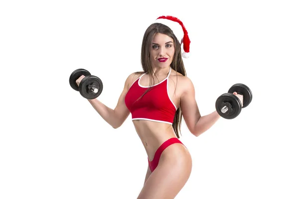 Mujer fitness sexy con dos mancuernas, aislado, Navidad — Foto de Stock
