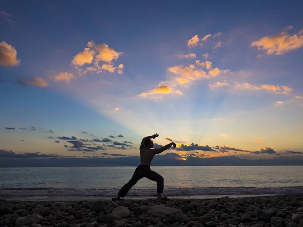 Σιλουέτα του νεαρό αρσενικό γιόγκα και πολεμική τέχνη ειδικός στην παραλία κατά τη διάρκεια θεαματικό ηλιοβασίλεμα — Φωτογραφία Αρχείου