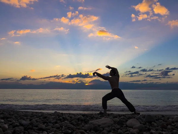 Silhueta de um artista marcial treinando sozinho no cais do mar, praticando seus movimentos no pôr do sol. Conceito de vida ativa e saúde — Fotografia de Stock