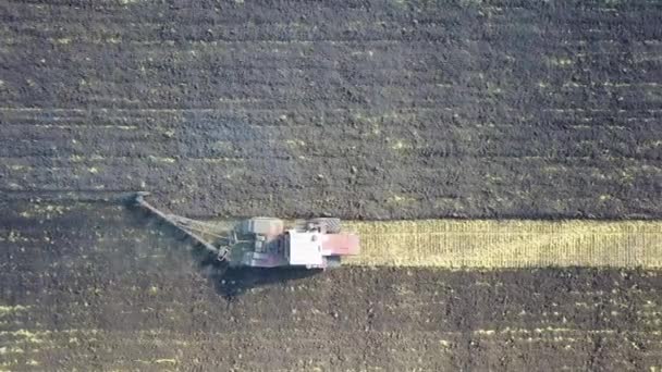 Antenne - trekker met vier furrow plough ploegen een veld — Stockvideo