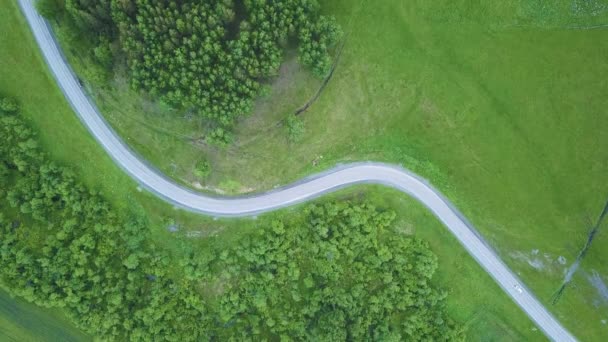 空中 4 k: 霧の道が森の中を実行している以上のフライト。霧丘の田舎道、森の中、山の地形のフィールドでビューをドローンします。映画のようなショット。秋と冬の美学を風景します。 — ストック動画