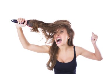 Having problem saç ise genç güzel kız. İzole studio vurdu