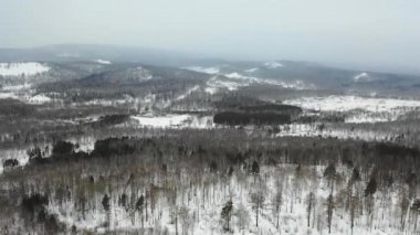 Havadan görünümü karlı ormanda orman ve tepeler. Bulutlu kötü sisli Hava bulutlu. drone uçuş