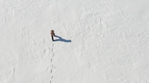 Hombre solitario caminando en el desierto ártico nevado. Vista desde arriba. Soledad y superación . — Vídeos de Stock