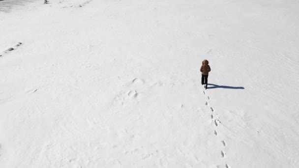 Un hombre camina por un campo de nieve. Soledad. Vista desde arriba — Vídeos de Stock