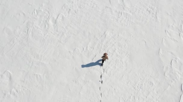 Seorang pria berjalan di sepanjang lapangan salju. Kesepian. Lihat dari atas — Stok Video
