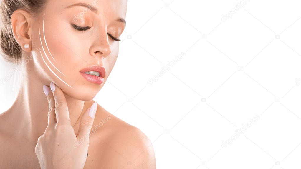 Close up photo of smiling woman with closed eyes and lines on face. woman touch her face. Cosmetics procedures concept