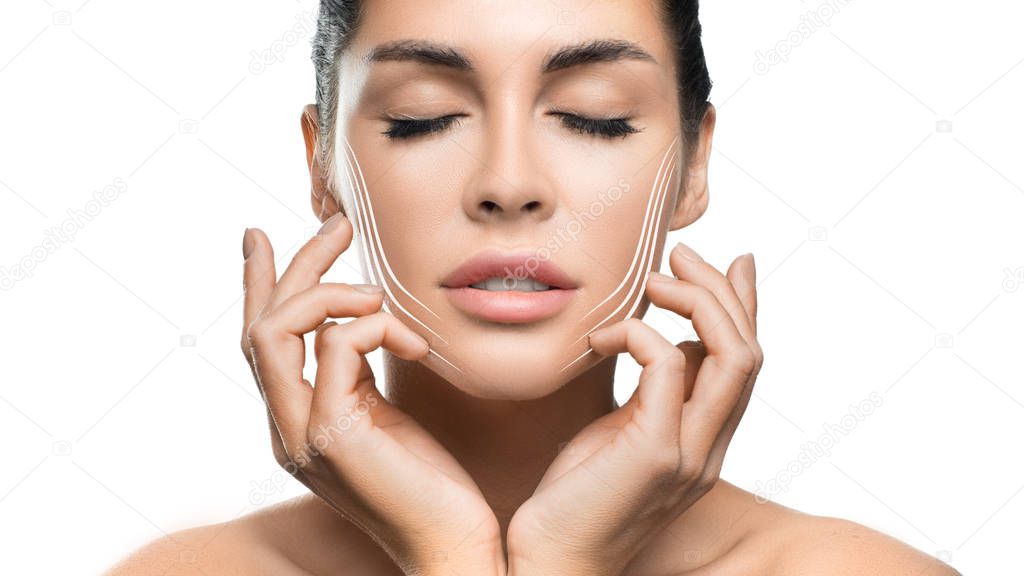Woman touching her face on white background.