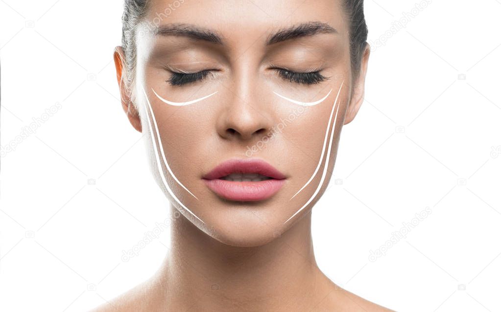 Face lift treatment anti aging skincare woman concept. woman face with lifting lines on white background.