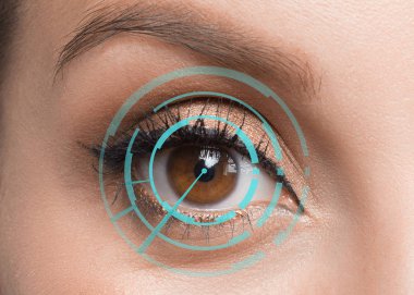 İnsan gözü yakın. Retina tanımlama konsepti. Dijital kimlik kavramı