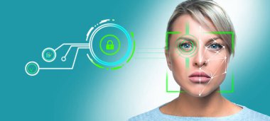 Tanımlama tarayıcı panelinde kadın portresini kapatın. Güvenlik sistemi kavramı