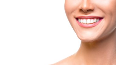 Woman smiling close up. Isolated on white.