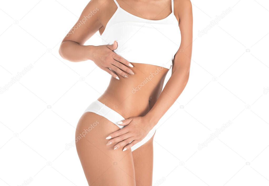 Liposuction and healthy lifestyle, weight loss concept - woman body over white background.