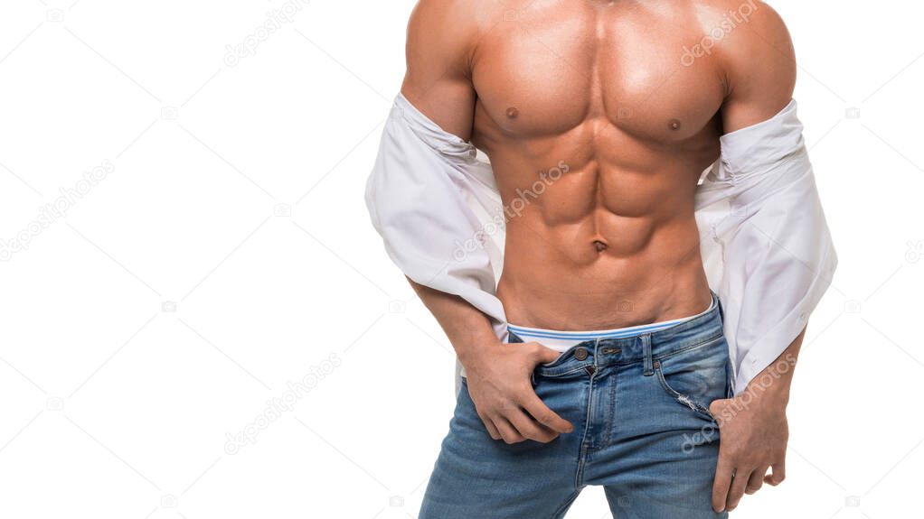 Close up photo of a male shirtless torso with perfect ABS.