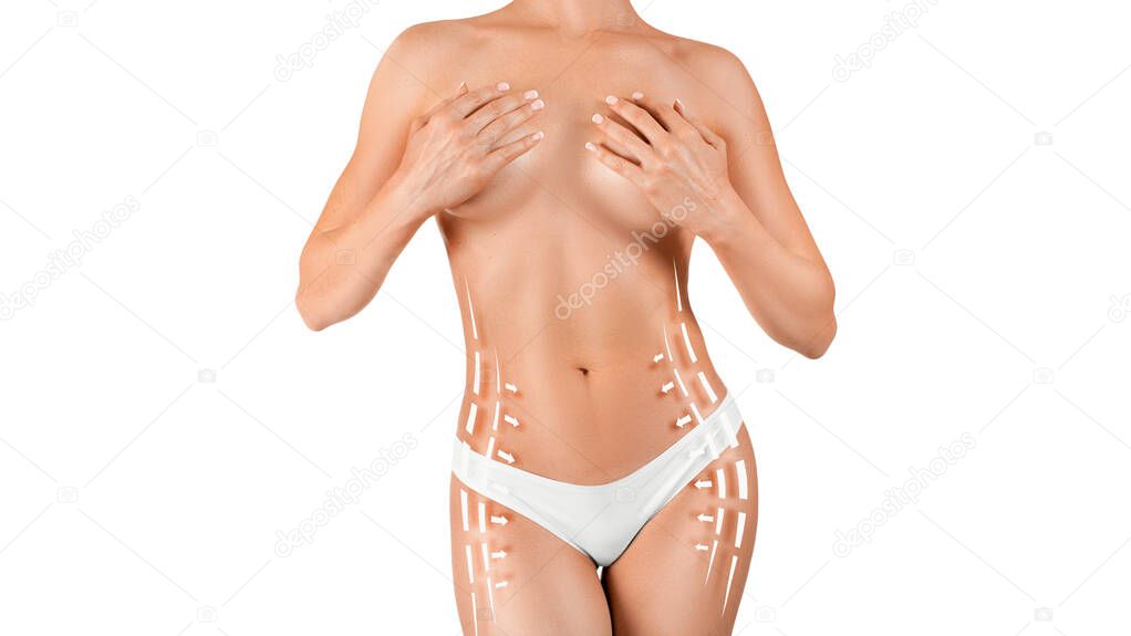 Female body with lines and arrows over white background.