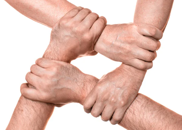 Kilka rąk trzymających się za ręce. Praca zespołowa. — Zdjęcie stockowe