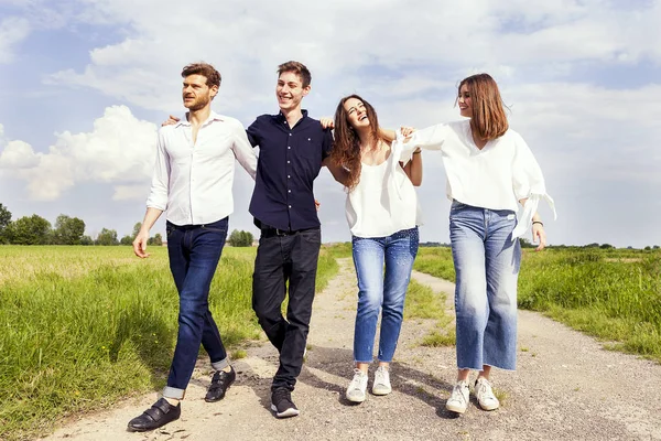 group of young handsome people walk together laughing on a country road in the summer