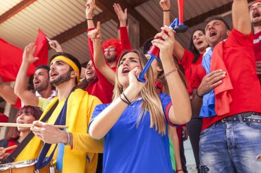 bir stadyum standları bir spor olayı izlerken çeşitli renklerde giyinmiş hayranları grup