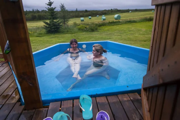 Couple Happy Girlfriends Having Fun Enjoying Benefits Hot Tub — Stock Photo, Image